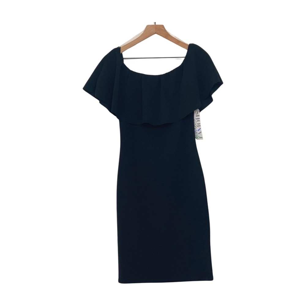 Ruffled Off Shoulder Black Bodycon Midi Dress. Size Medium